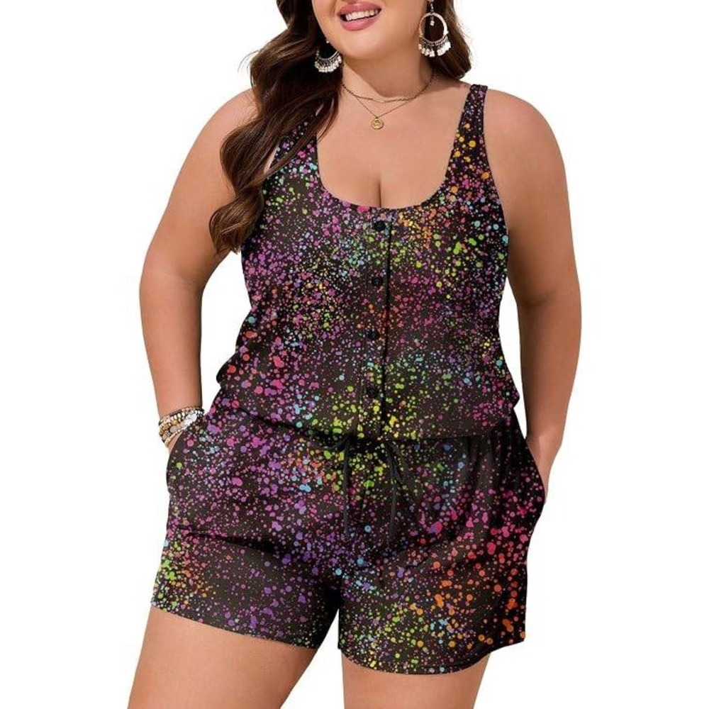 Summer Mae Women Neon Paint Splatter Swim Romperβ One Piece Black Size 14 New